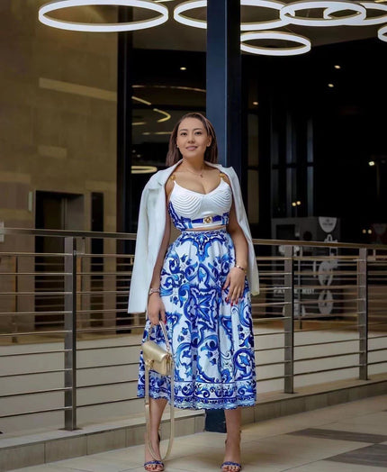 Printed skirt and ruched top set, blue-and-white floral pattern with white ruched bodice