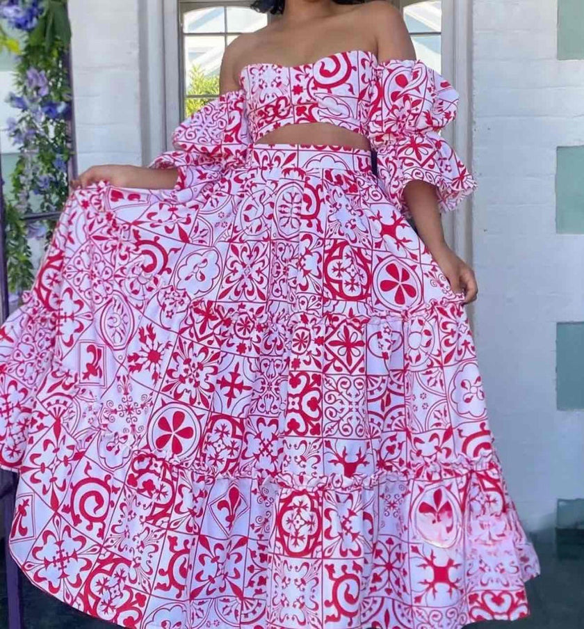 Garden Motif Off-Shoulder Blouse & Flowy Maxi Skirt Duo