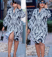 Black-and-white abstract print shirt dress with puff sleeves and collar