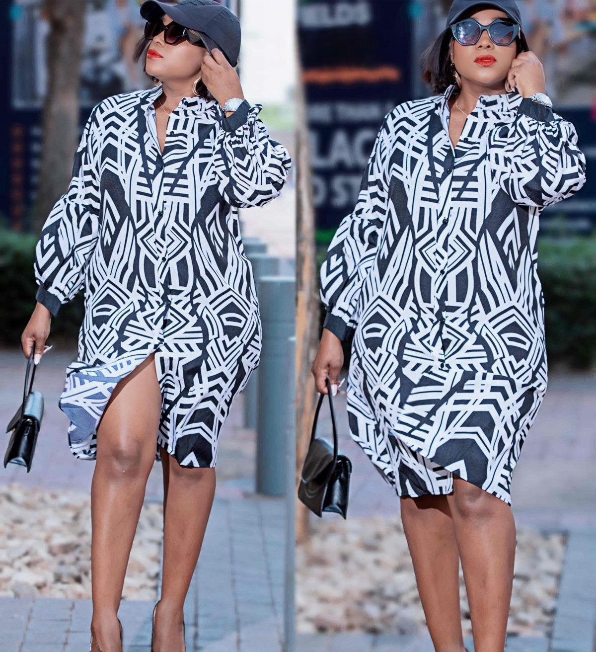 Black-and-white abstract print shirt dress with puff sleeves and collar