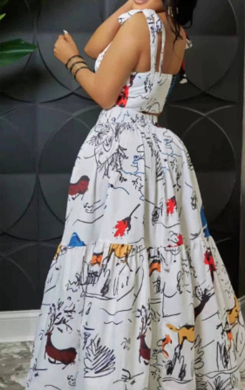 Abstract Animal and Plant Pattern Tie-Strap Top and Voluminous Skirt Two-Piece Set
