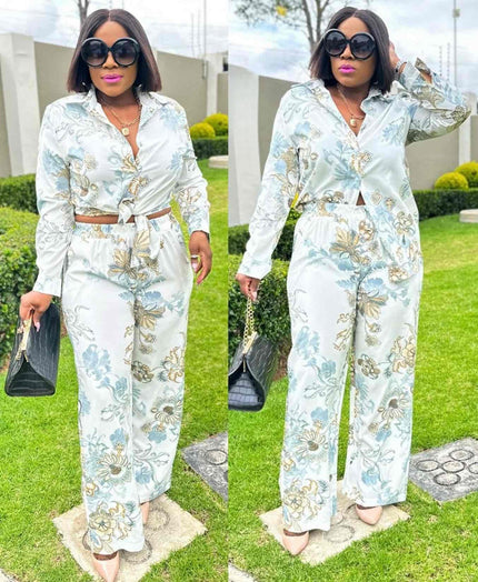 Floral Patterned Collared Shirt & Straight-Leg Trousers Set