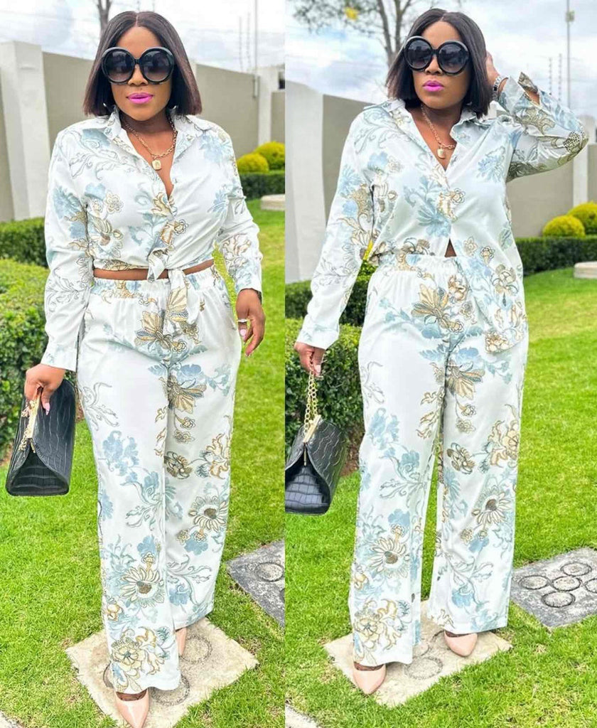 Floral Patterned Collared Shirt & Straight-Leg Trousers Set