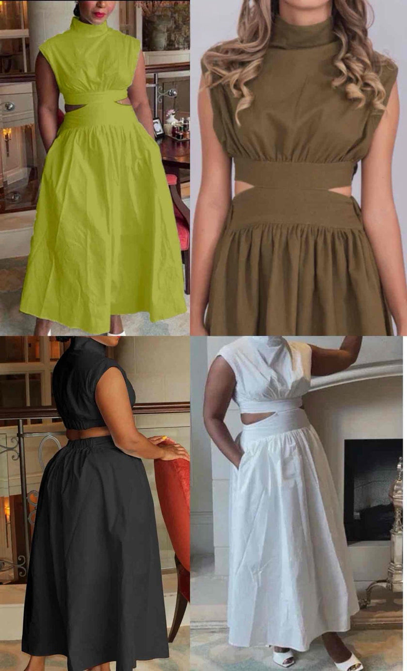 Short-Sleeved A-Line Dress with Waist Cut-Outs and High Collar