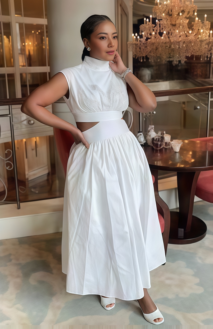 Short-Sleeved A-Line Dress with Waist Cut-Outs and High Collar