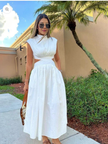 White sleeveless high-neck A-line midi dress with waist cut-out, pleated bodice