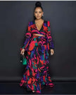 Ruffle sleeve maxi dress with abstract multicolor print and V-neck