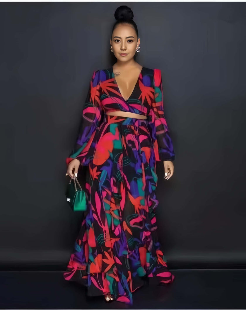 Long-Sleeve V-Neck Wrap Maxi Dress with Ruffle Detailing and Abstract Print