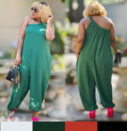 Green one-shoulder jumpsuit with wide-leg loose fit