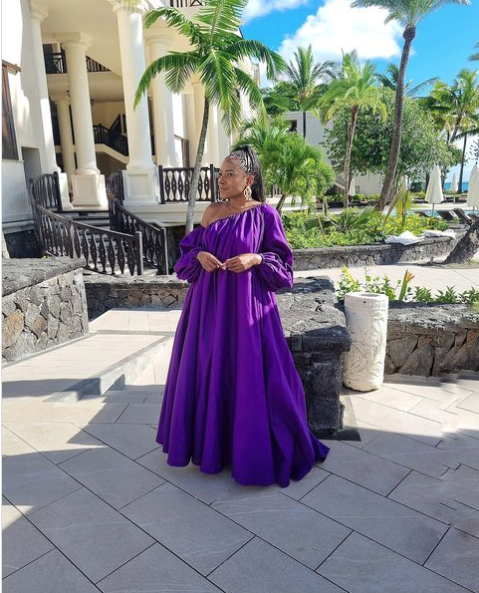 Purple off-shoulder loose fit maxi dress with gathered sleeves