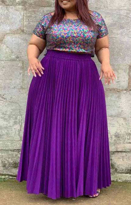 Sequin top and pleated maxi skirt twin set with purple pleated skirt and short sleeves