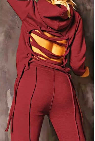 Maroon hoodie and jogger set with crisscross lace-back cutouts and drawstring waist