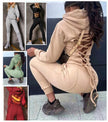 Beige hoodie and jogger set with crisscross lace-back straps and drawstring waist