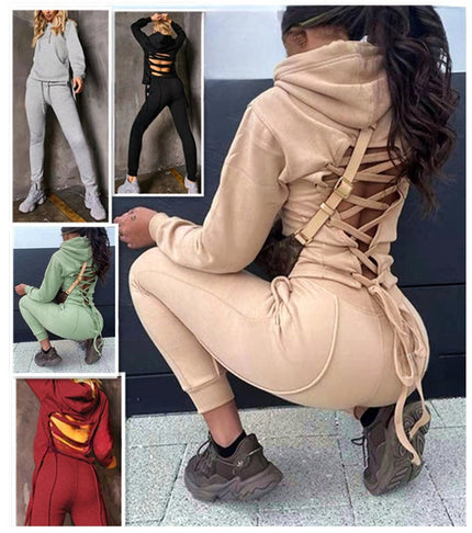 Beige hoodie and jogger set with crisscross lace-back straps and drawstring waist