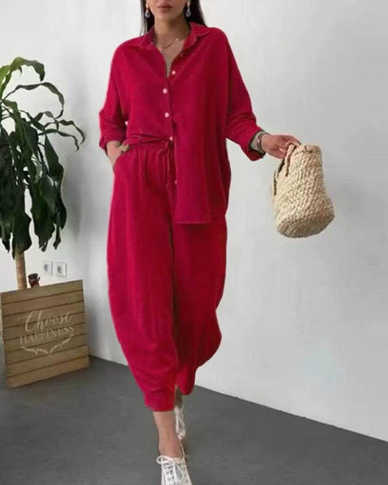 Red button-front shirt and drawstring trouser set with pockets