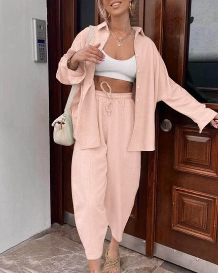 Peach button-front shirt and drawstring trouser set with pockets