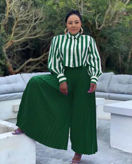 Striped blouse and pleated wide-leg trousers set, dark green striped blouse with green pleated pants