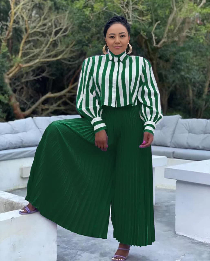 Striped blouse and pleated wide-leg trousers set, dark green striped blouse with green pleated pants