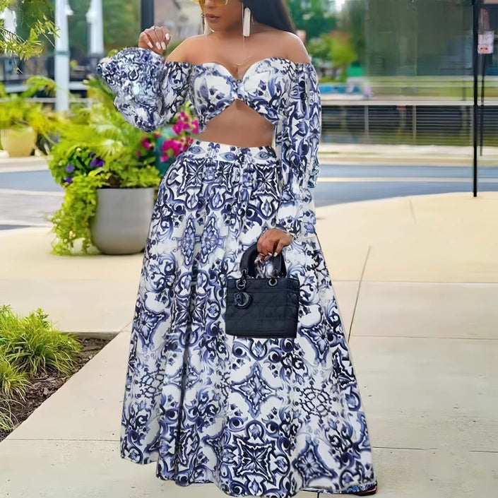 Off-shoulder printed maxi skirt set, blue and white