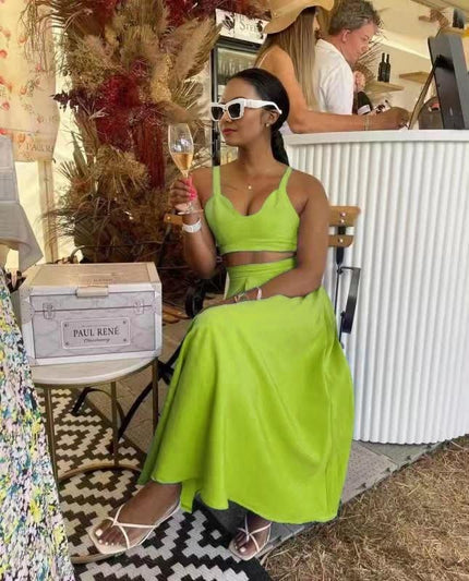 Green square-neck crop top and midi skirt set with thin spaghetti straps