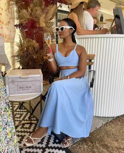 Light-blue square-neck crop top and midi skirt set with thin spaghetti straps