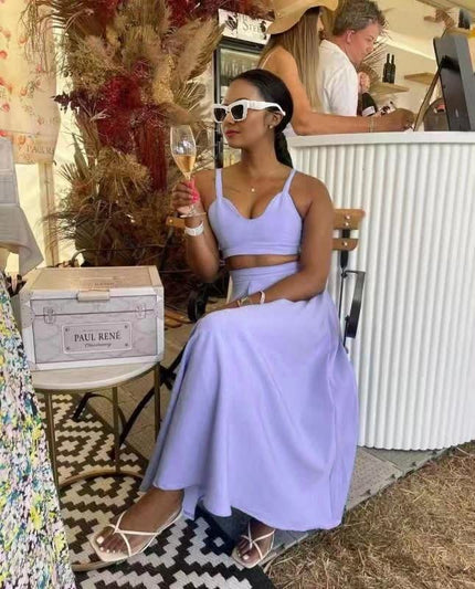 Lavender square-neck crop top and midi skirt set with thin spaghetti straps