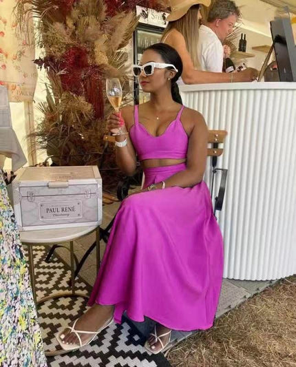Hot-pink square-neck crop top and midi skirt set with thin spaghetti straps