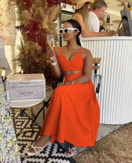 Orange square-neck crop top and midi skirt set with thin spaghetti straps