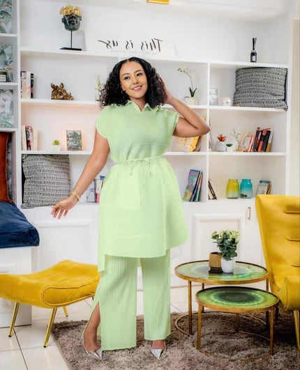 Light-green pleated top and wide-leg pants twin set with adjustable waist tie