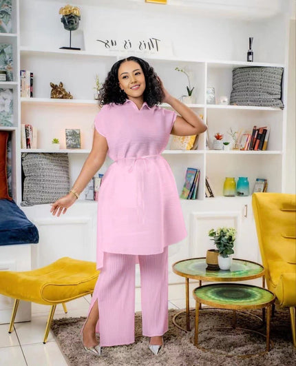Light-pink pleated top and wide-leg pants twin set with adjustable waist tie