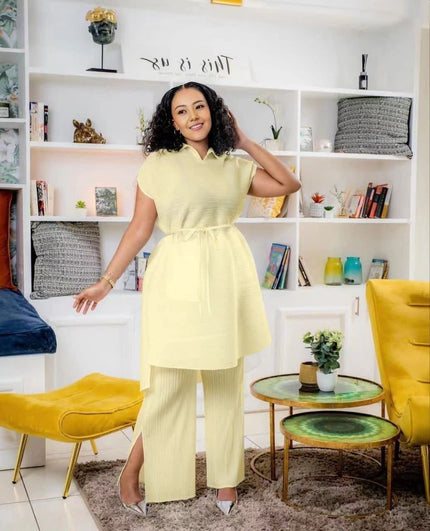 Light-yellow pleated top and wide-leg pants twin set with adjustable waist tie