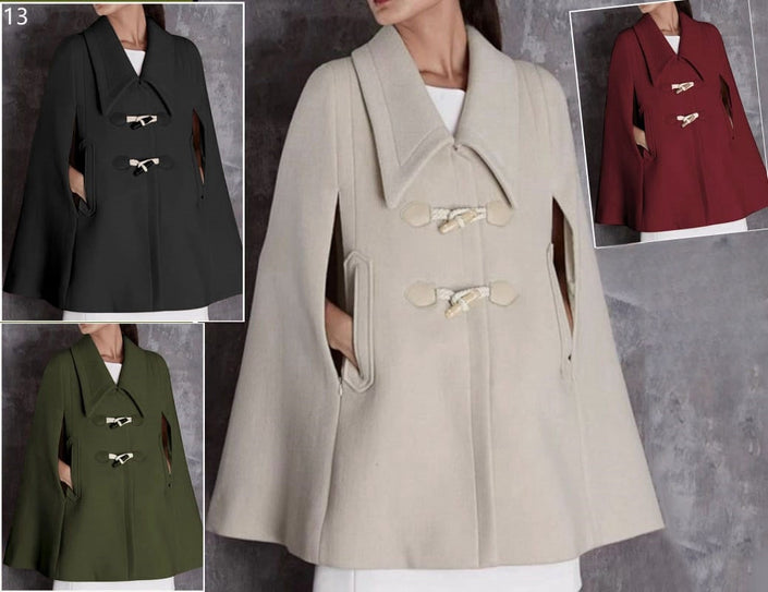 Light beige cape coat with notched collar and front toggle closures, long sleeves