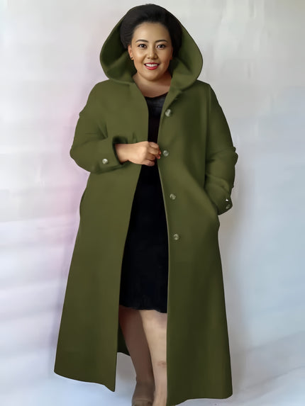 Hooded knee-length coat in dark olive green with double-breasted button front