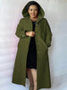 Hooded knee-length coat in dark olive green with double-breasted button front