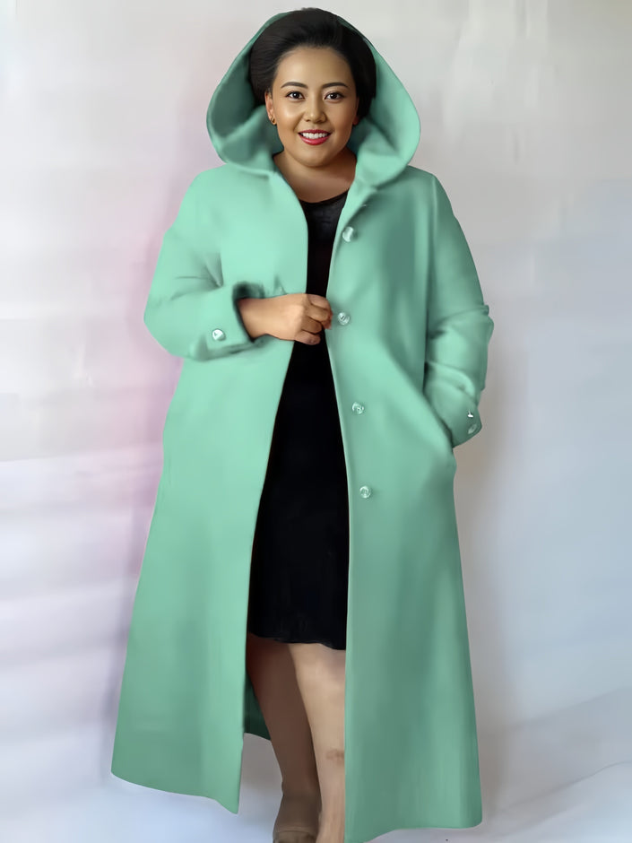 Hooded knee-length coat in mint green with double-breasted button front