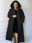 Hooded knee-length coat in black with double-breasted button front