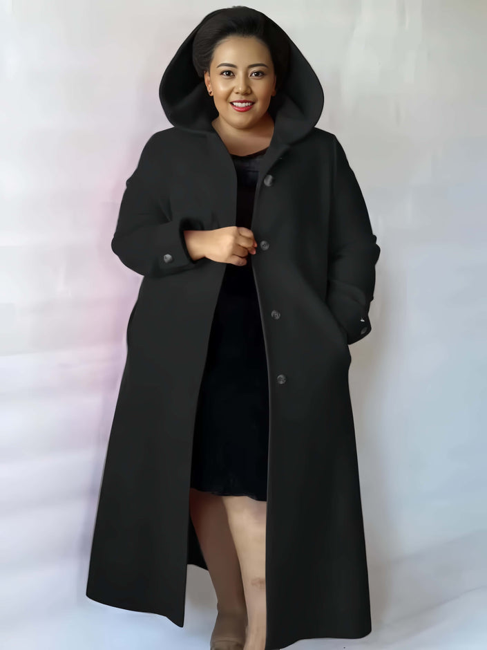 Hooded knee-length coat in black with double-breasted button front