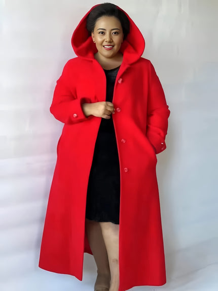 Hooded knee-length coat in bright red with double-breasted button front