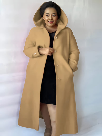 Hooded knee-length coat in tan-beige with double-breasted button front