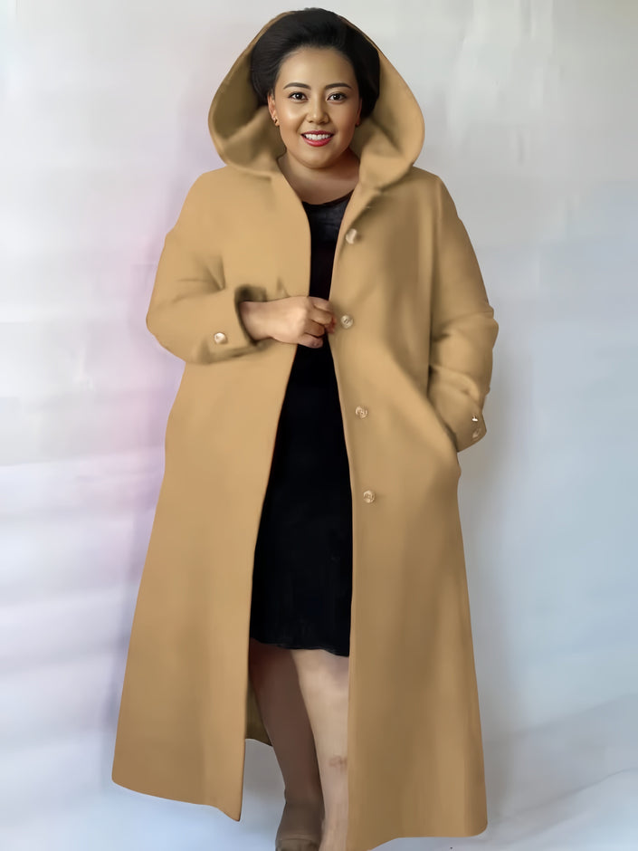 Hooded knee-length coat in tan-beige with double-breasted button front