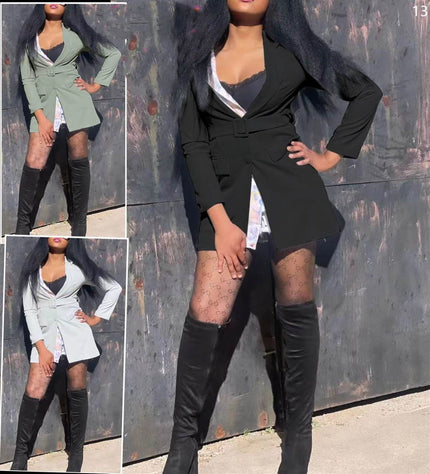 Belted blazer dress with notched lapels, long sleeves, front buttons