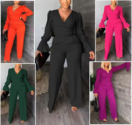 V-neck puff-sleeve jumpsuit, wide-leg, in multiple colors