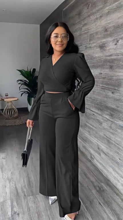 V-neck puff-sleeve jumpsuit, wide-leg, black