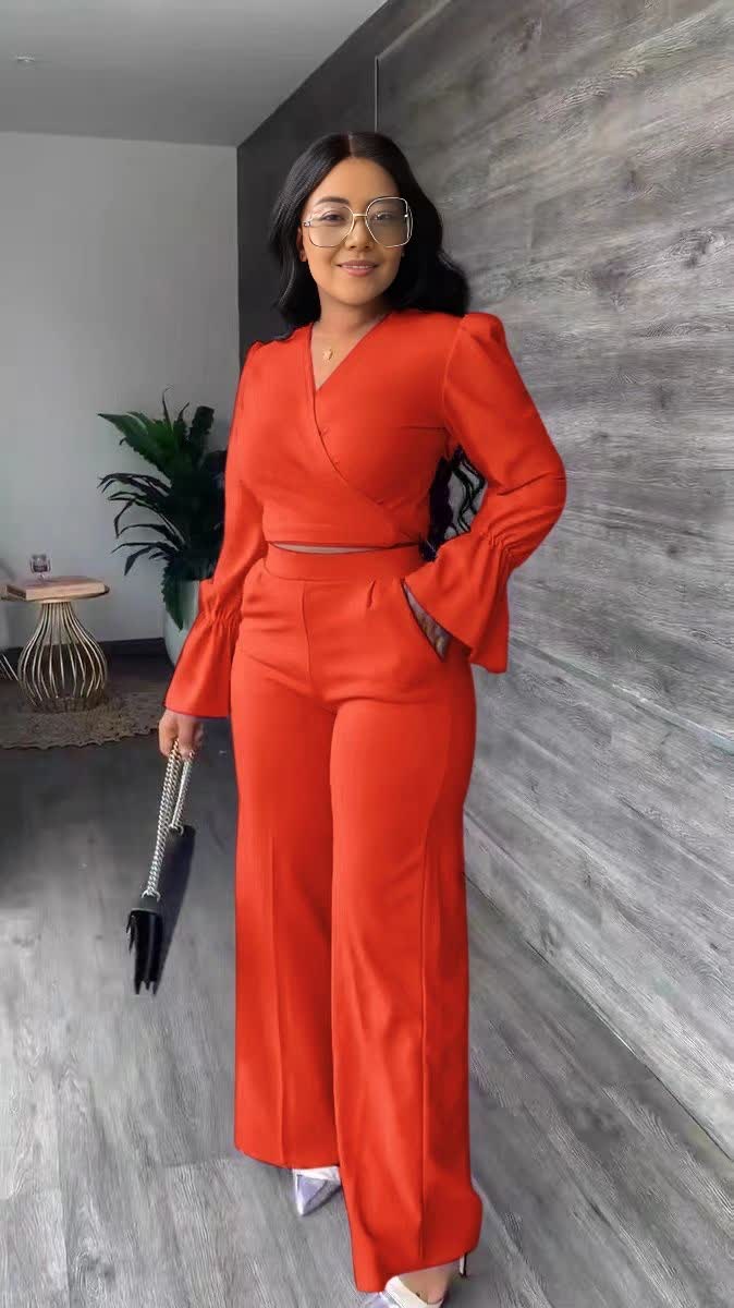 V-neck puff-sleeve jumpsuit, wide-leg, orange