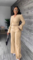 V-neck puff-sleeve jumpsuit, wide-leg, beige