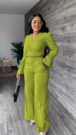 V-neck puff-sleeve jumpsuit, wide-leg, light green