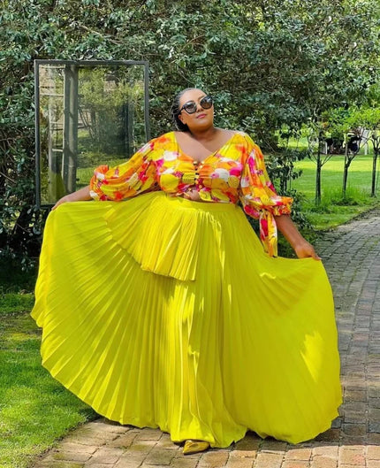 Yellow pleated maxi skirt with tiered ruffles and multicolor puff-sleeve blouse set