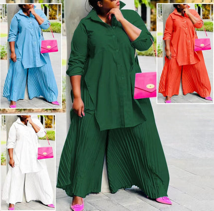 Dark green pleated twin set tunic with buttons and pleated wide-leg pants