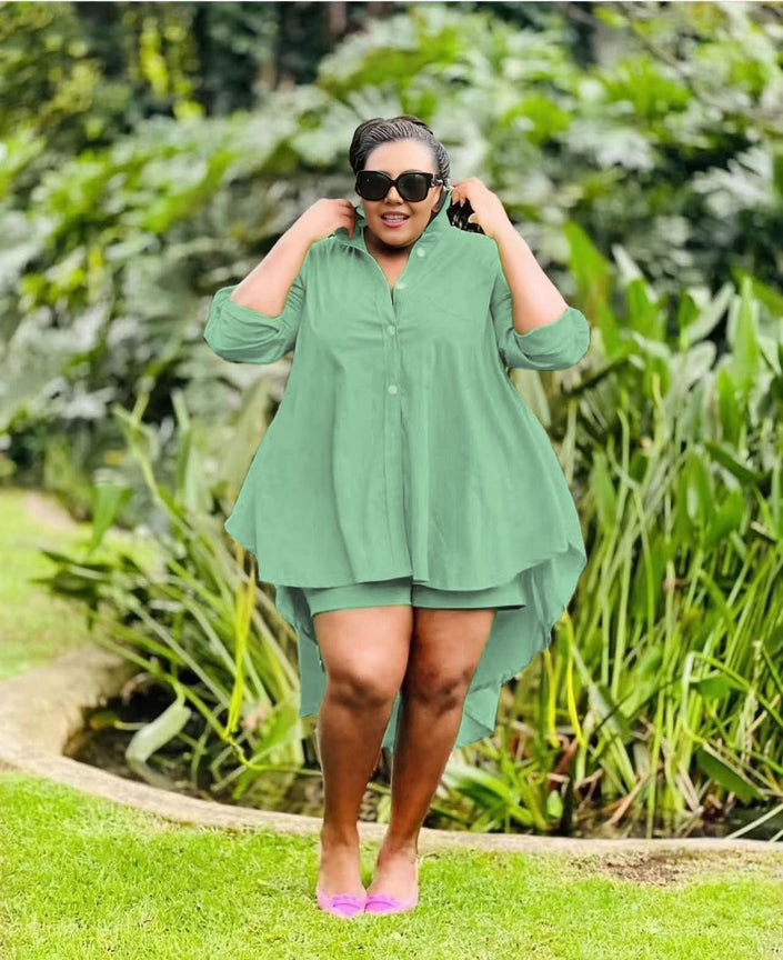 Dark green high-low tunic set with button placket, long sleeves, asymmetrical hem