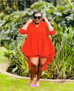 Red high-low tunic set with button placket, long sleeves, asymmetrical hem